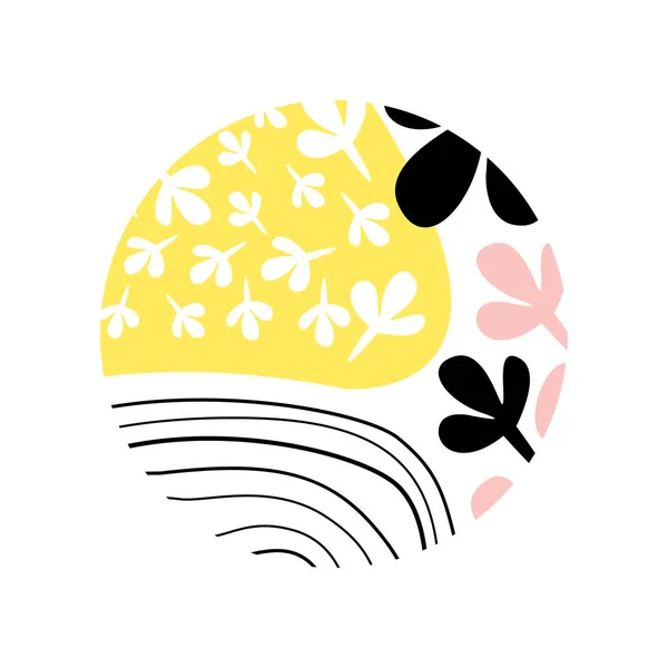 Abstrakte geometrische Texturen und Pflanzen im Kreis, rundes Logo-Element, trendige Farb- und Formvektorillustration — Stockvektor