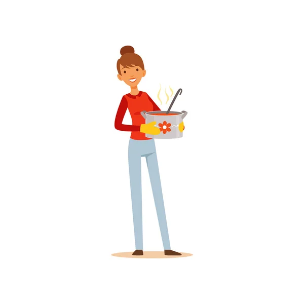 Jeune femme debout avec une casserole de soupe, femme au foyer fille cuisine nourriture dans la cuisine plat vecteur Illustration — Image vectorielle