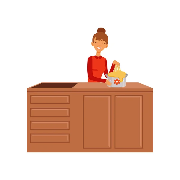 Jovem mulher amassar massa, dona de casa menina cozinhar comida na cozinha vetor plana Ilustração —  Vetores de Stock