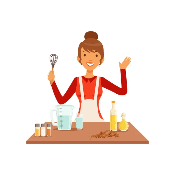 Mujer joven con batidor hornear, ama de casa chica cocinar comida en la cocina vector plano Ilustración — Vector de stock