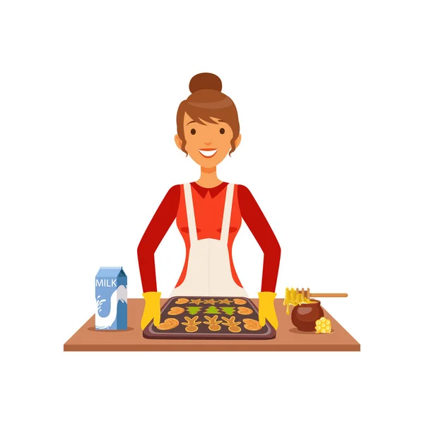 Sütés cookie-kat, háziasszony lány ételt a konyhában lapos vektoros illusztráció a fiatal nő — Stock Vector