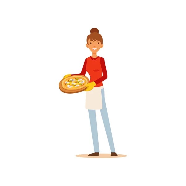 ピザ、料理キッチン フラット ベクトル図で主婦女の子を保持している若い女性 — ストックベクタ