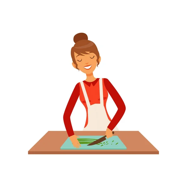 Jeune femme coupe la verdure, femme au foyer fille cuisine la nourriture dans la cuisine plat vecteur Illustration — Image vectorielle