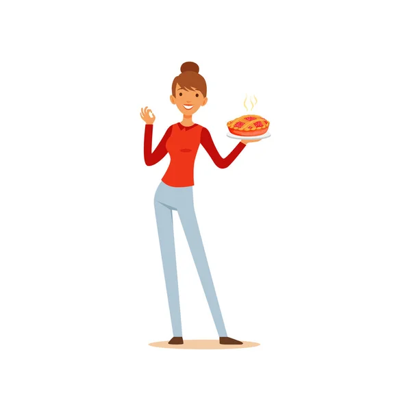Jonge vrouw met vers gebakken taart en weergegeven: Oke teken, huisvrouw meisje koken voedsel in de keuken platte vector illustratie — Stockvector