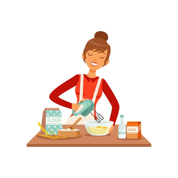 Young cheerful woman mixing dough with mixer, housewife girl cooking food in the kitchen flat vector Illustration — Stock Vector