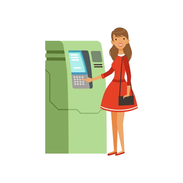 Schöne junge erfolgreiche reiche Frau Charakter in rotem Kleid Geld vom Geldautomaten abheben, finanzieller Erfolg bunte flache Vektor Illustration — Stockvektor