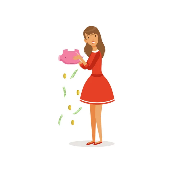 Hermosa triste personaje de mujer joven en vestido rojo sacudiendo una hucha vacía vector plano colorido Ilustración — Archivo Imágenes Vectoriales