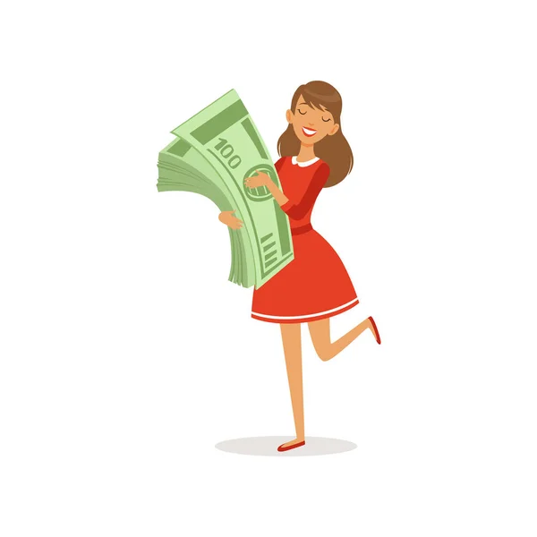 Красивая счастливая молодая успешная богатая женщина персонаж в красном платье с гигантской пачкой денег, финансовый успех красочный плоский вектор Иллюстрация — стоковый вектор