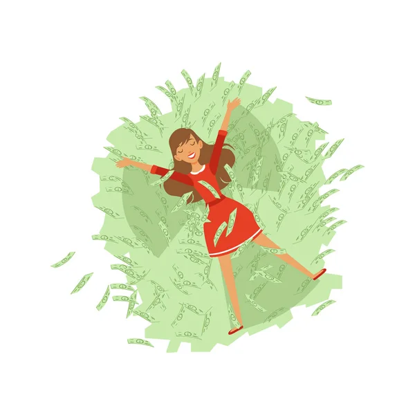 Krásná šťastná mladá žena úspěšný bohatý charakter v červených šatech, koupání v zelené peníze, účty, finanční úspěch barevné ploché vektorové ilustrace — Stockový vektor