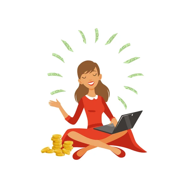 Beautiful young successful rich woman character in red dress earning money with laptop, financial success colorful flat vector Illustration — Stock Vector