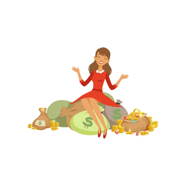 Mooie jonge succesvolle rijke vrouw teken in rode jurk zittend op een stapel van Geldzak, financieel succes kleurrijke platte vector illustratie — Stockvector