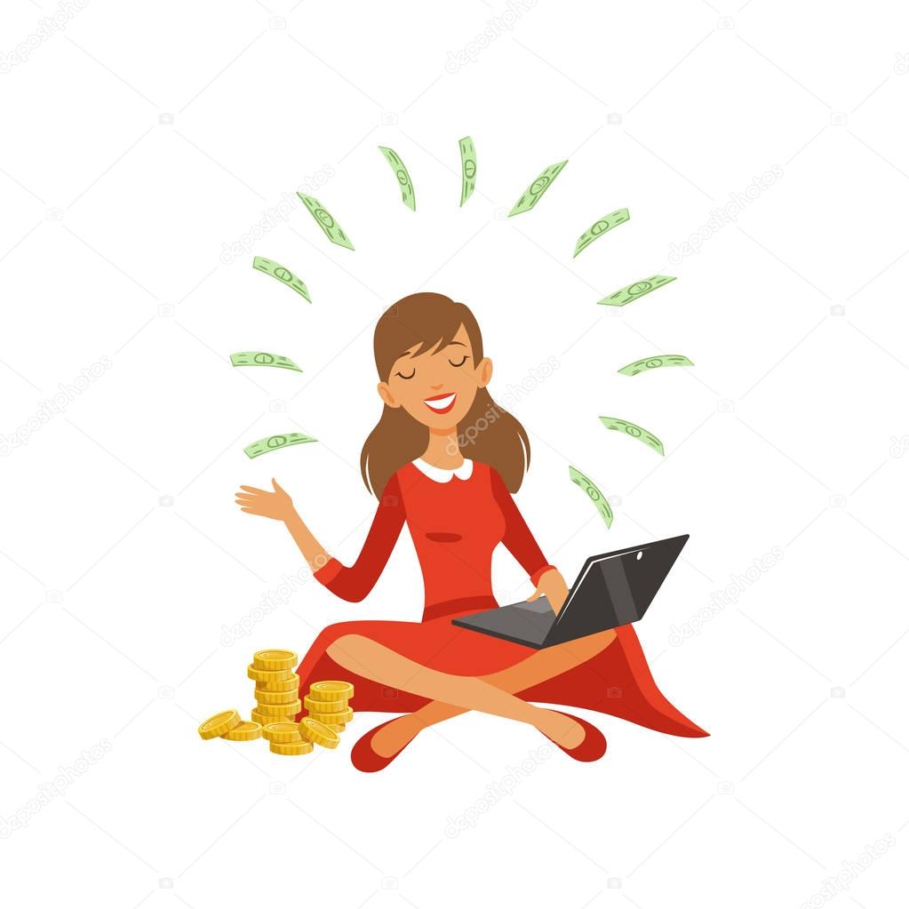 Beautiful young successful rich woman character in red dress earning money with laptop, financial success colorful flat vector Illustration