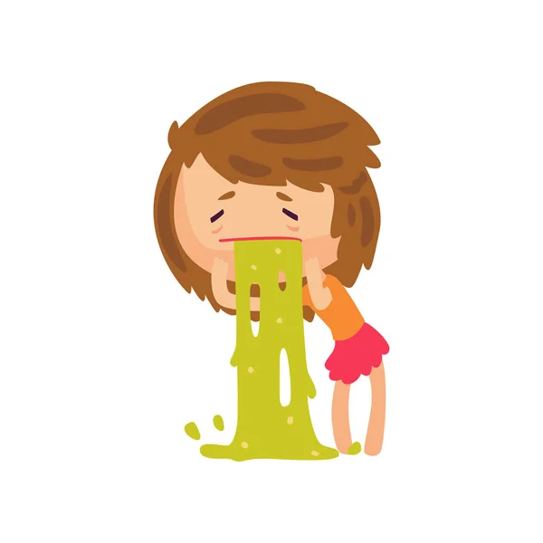 Unhappy girl vomiting from food poisoning cartoon character vector illustration — Stock Vector