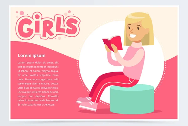 Menina loira bonito sentado e lendo livro, meninas banner elemento vetorial plana para site ou aplicativo móvel — Vetor de Stock