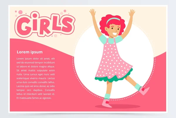 Eğlenceli, kızlar başlık düz vektör öğesi Web sitesi ya da hareket eden app için sahip şirin mutlu kız — Stok Vektör