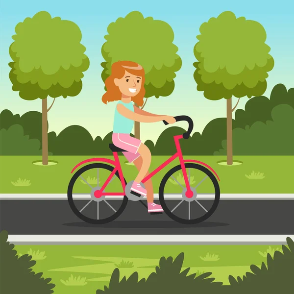 Smiling redhead girl cycling on bicycle in the park, kids outdoor activity vector illustration — Stock Vector