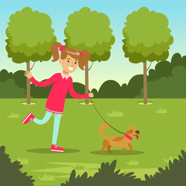 Niedlich lächelndes Mädchen, das mit ihrem Hund im Park spaziert, Kinder Outdoor-Aktivitäts-Vektorillustration — Stockvektor