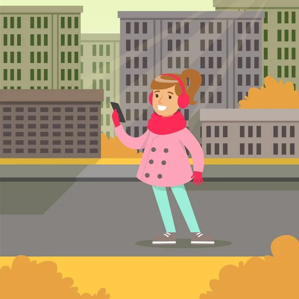 Hermosa chica sonriente en ropa de moda caminando con teléfono inteligente en una ilustración vectorial de fondo de la ciudad — Archivo Imágenes Vectoriales