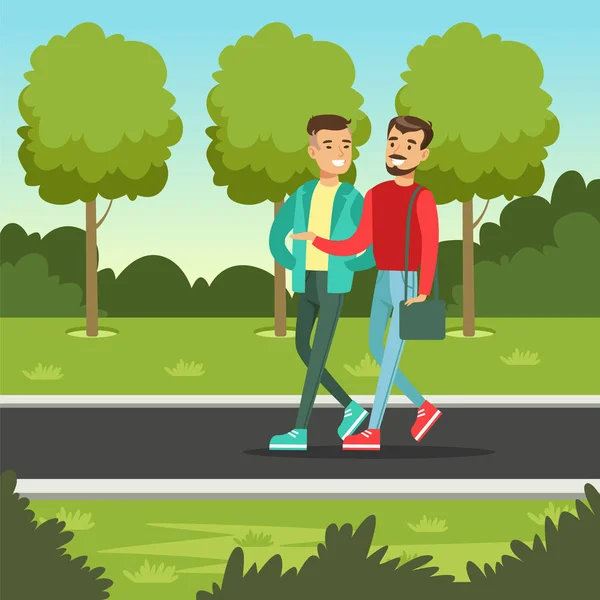 Dos amigos masculinos hablando y sonriendo mientras caminan en el parque, vector concepto de amistad Ilustración — Vector de stock