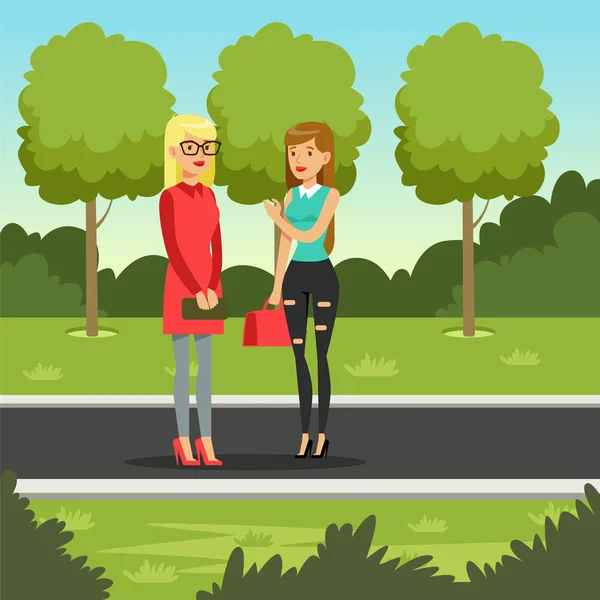 Zwei Freundinnen unterhalten sich beim Spazierengehen im Park, Freundschaftskonzept Vektor Illustration — Stockvektor