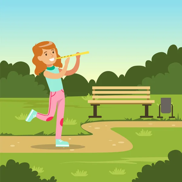 Hermosa chica sonriente jugando flauta mientras camina en el parque de la ciudad, niños actividad al aire libre vector ilustración — Vector de stock