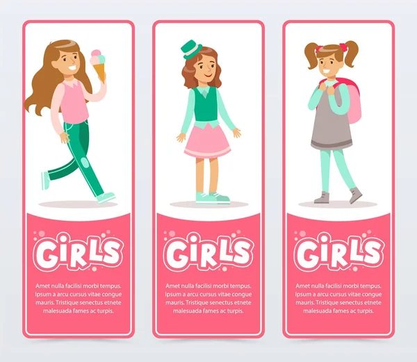 Chicas felices lindas en diferentes situaciones, banners de chicas conjunto elemento de vector plano para el sitio web o aplicación móvil — Archivo Imágenes Vectoriales
