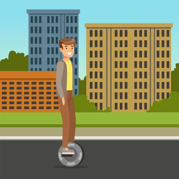 Giovane uomo che guida su una ruota scooter elettrico su sfondo urbano, intelligente e alla moda veicolo elettrico personale vettoriale illustrazione — Vettoriale Stock