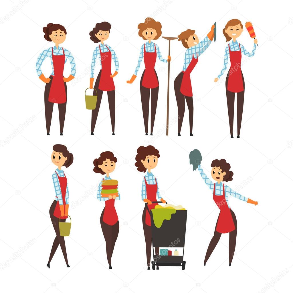 Female professional cleaner set, cleaning company team cartoon vector Illustrations