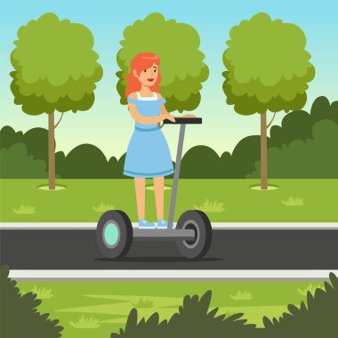 Şehir Parkı, elektrik iki tekerlekli araç vektör çizim segway scooter sürme genç Kızıl saçlı kadın