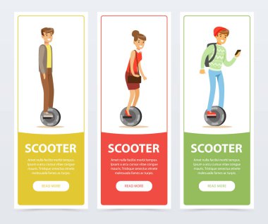 İnsanlar üzerinde bir tekerlek elektrikli scooter sürme kişisel elektrikli araç kümesi, akıllı ve şık düz vektör öğeleri Web sitesi ya da hareket eden app için afiş