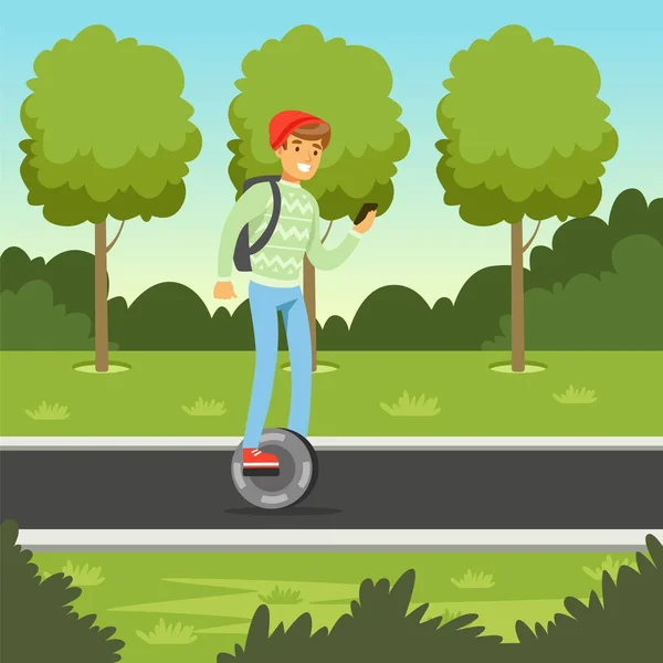 Joven cabalgando en giroscopio en el parque, hombre en auto equilibrio moderno scooter eléctrico vector ilustración — Archivo Imágenes Vectoriales