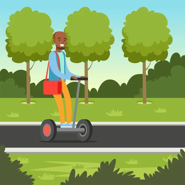 Young african man riding on segway scooter in the park, electric two wheels vehicle vector illustration — Stock Vector