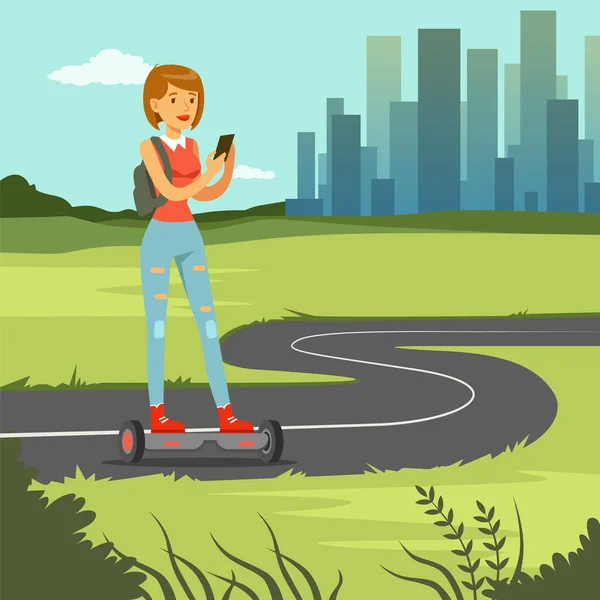 Fille fille avec téléphone équitation sur gyroscope sur la rue de la ville, femme à la mode sur auto équilibrage scooter électrique moderne — Image vectorielle