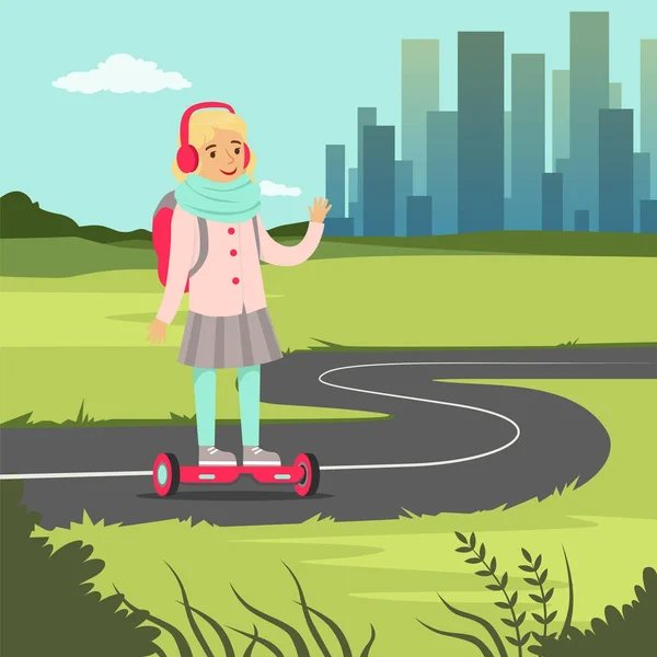 Chica de la escuela sonriente montando en giroscopio en el fondo de la ciudad, equilibrando la ilustración moderna vector scooter eléctrico — Vector de stock