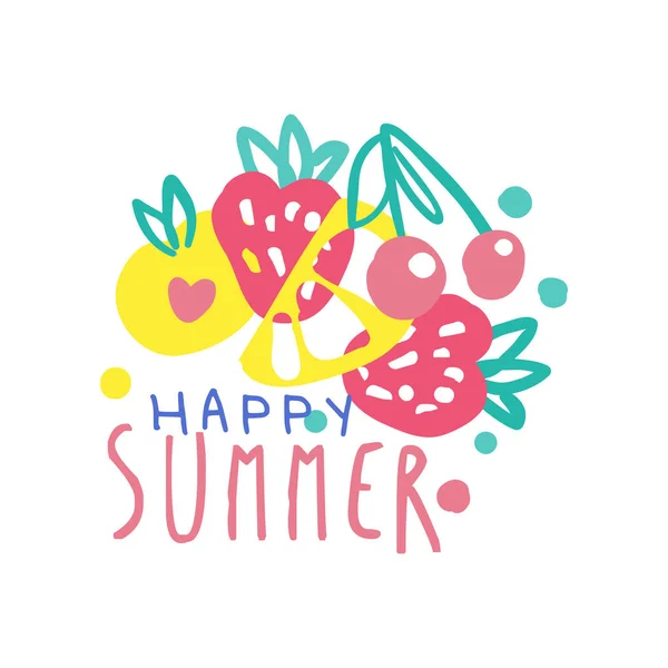Szczęśliwy lato logo, etykieta na letnie wakacje, restauracja, kawiarnia, bar, menu, podróżować Agencja kolorowe ręcznie rysowane wektor ilustracja — Wektor stockowy