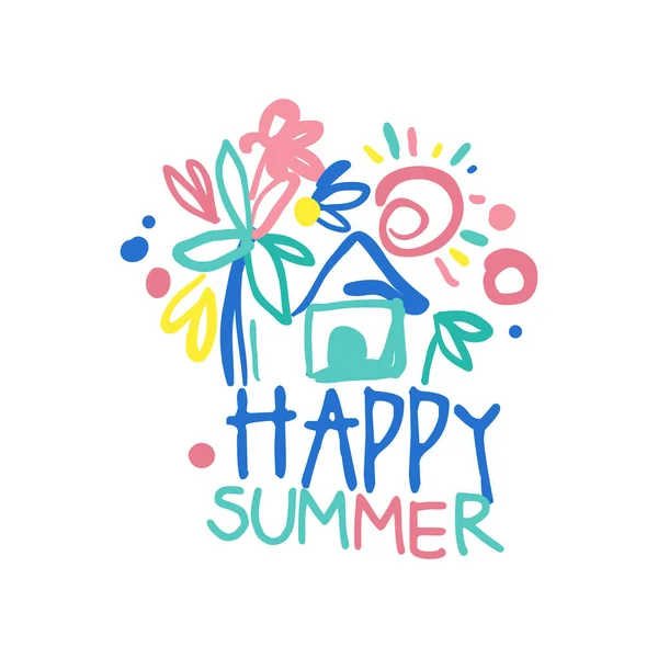 Logo de verano feliz, etiqueta para vacaciones de verano, agencia de viajes, camisa, volante colorido ilustración vectorial dibujado a mano — Vector de stock
