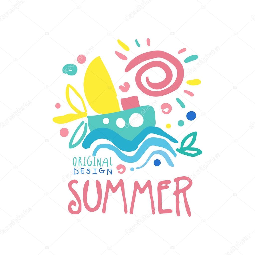 Summer logo original design, label for summer holiday, restaurant, cafe, bar, menu, travel agency colorful hand drawn vector illustration isolated on a white background