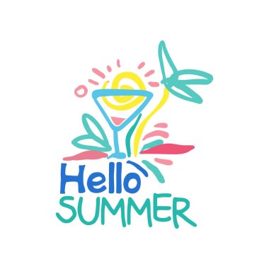Yaz logo şablonu, yaz tatili, Restoran, kafe, bar, menü, seyahat acentası renkli elle çizilmiş vektör çizim için etiket Merhaba