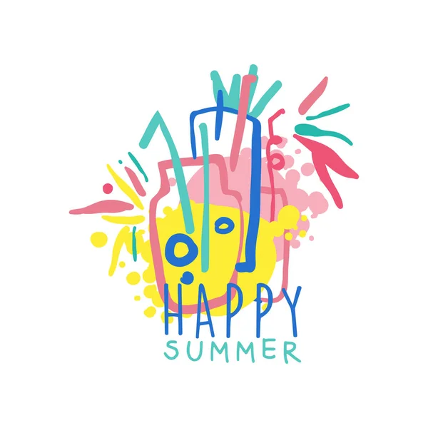 Modelo feliz do logotipo do verão, etiqueta para férias de verão, restaurante, café, bar, menu, agência de viagens ilustração vetorial colorido desenhado à mão — Vetor de Stock