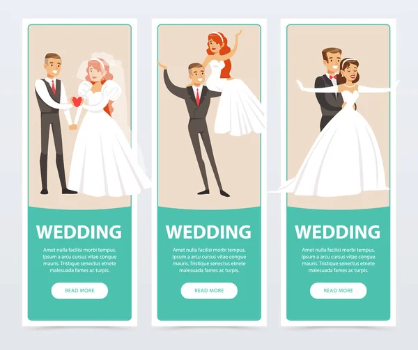 Bruiden en bruidegoms, gelukkig net gehuwde paren, bruiloft banners set platte vector-elementen voor website of mobiele app — Stockvector