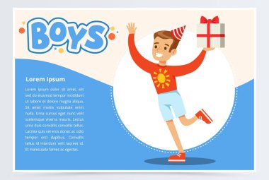 Hediye kutusu ile şirin çocuk kutluyor onun doğum günü, çocuklar başlık düz vektör öğesi Web sitesi ya da hareket eden app için çalışan mutlu çocuk