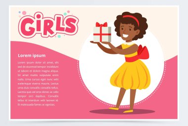 Hediye kutusu, şirin çocuk kutluyor onun doğum günü, kızlar başlık düz vektör öğesi Web sitesi ya da hareket eden app için tutan mutlu Afrikalı kız