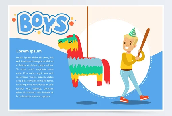 Ragazzo felice che rompe Pinata con una mazza da baseball, ragazzo carino che festeggia il suo compleanno, elemento vettore piatto banner per il sito web o l'app mobile — Vettoriale Stock