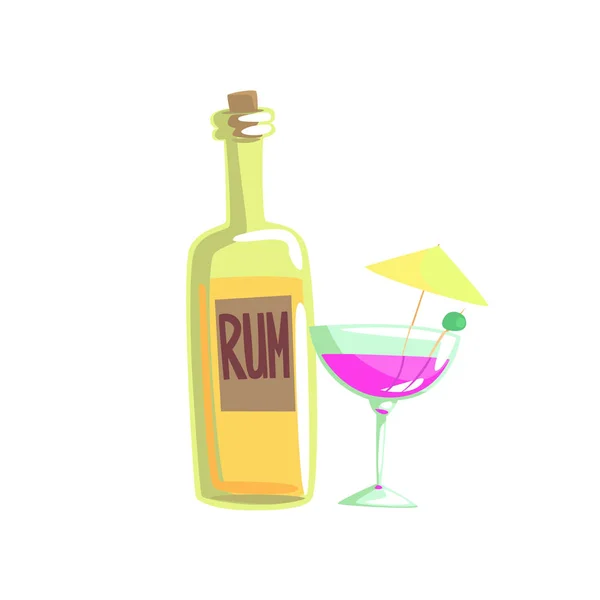 Ilustracja wektorowa butelkę rumu i kieliszka koktajlowego z kreskówka parasol — Wektor stockowy
