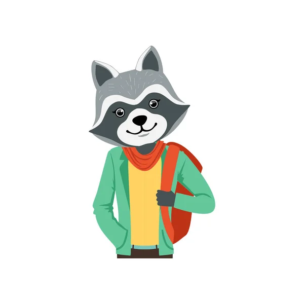 Charakter facet racoon moda z plecakiem, hipster zwierzęta płaskie wektor ilustracja — Wektor stockowy