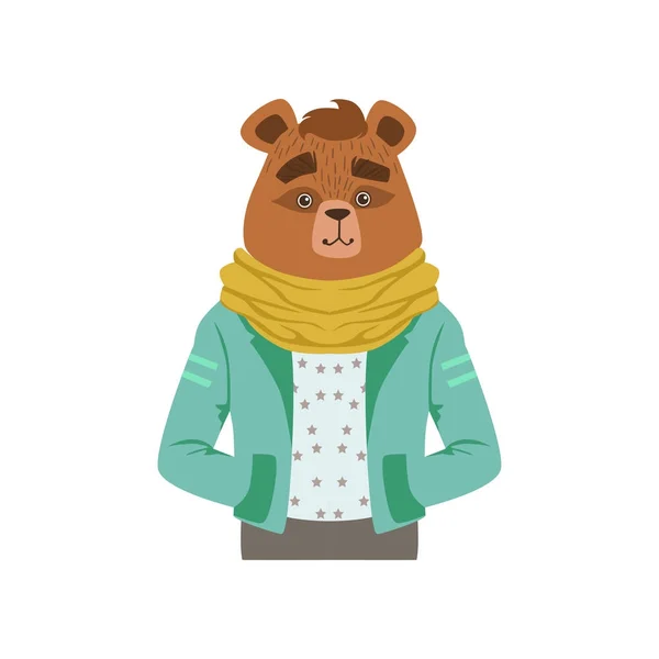 Симпатичный персонаж медведя моды, хипстерская животная плоская векторная иллюстрация — стоковый вектор