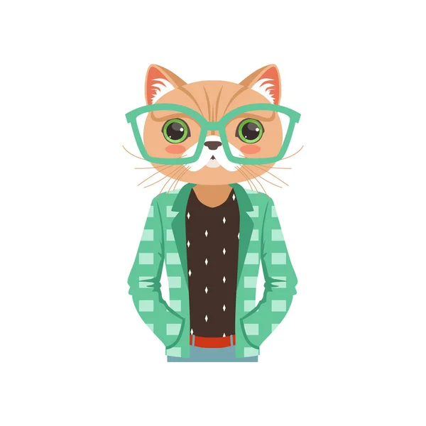Mignon personnage de chat de mode dans des lunettes turquoise et une veste, illustration vectorielle plat animal hipster — Image vectorielle