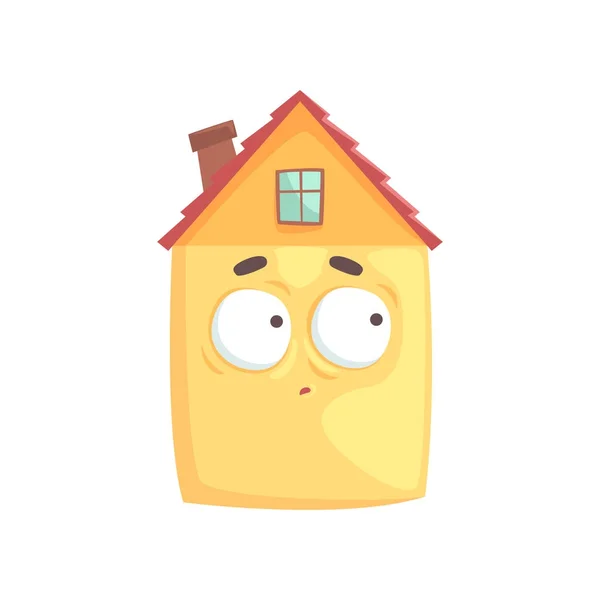 Niedliche Haus-Cartoon-Figur mit verwirrtem Gesichtsausdruck, lustige Emoticon-Vektorillustration — Stockvektor