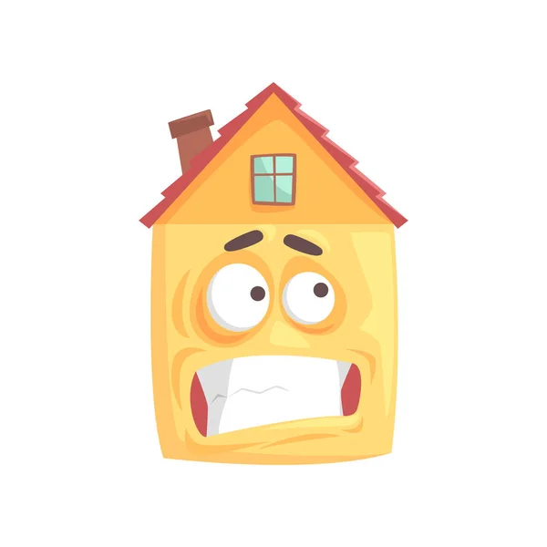 Cute house cartoon character with nervous smile, funny facial expression emoticon vector illustratio — Stock Vector