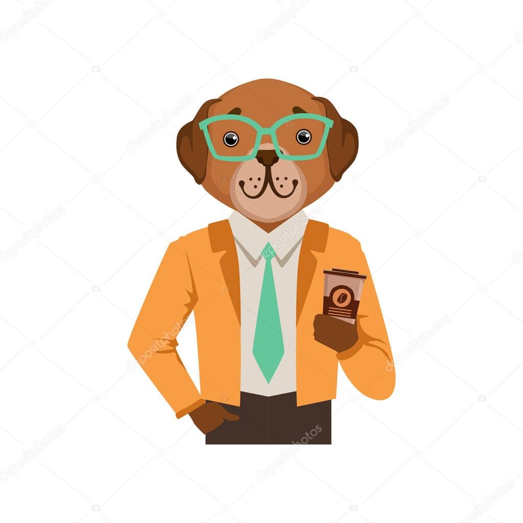 Cute fashion dog man character holding coffee cup, hipster animal flat vector illustration